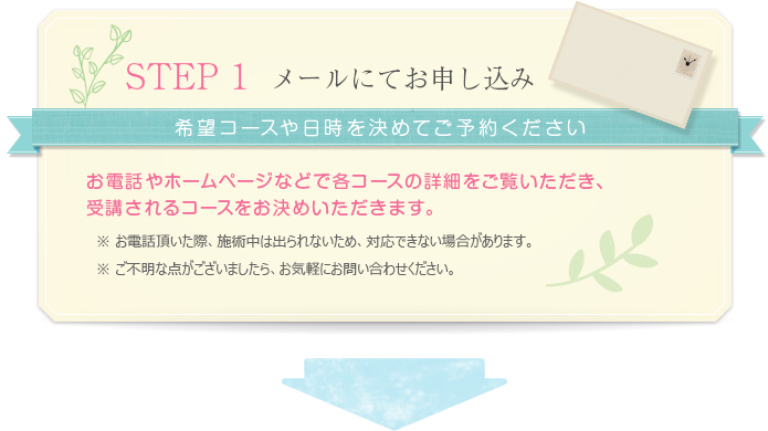 step 1 メールにてお申込み　希望コースや日時を決めてご予約ください。お電話やホームページなどで各コースの詳細をご覧いただき、受講されるコースをお決めいただきます。